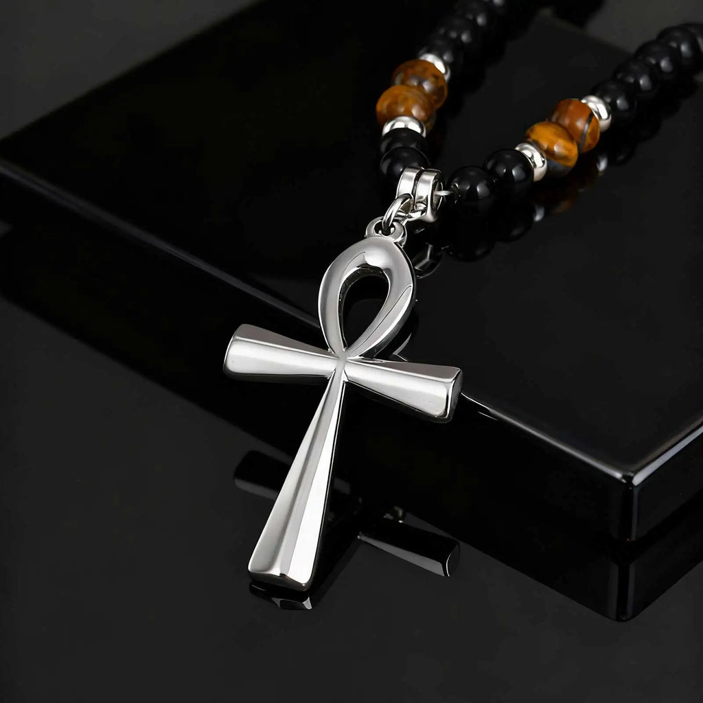 Fashion Stainless Steel Anka Cross Pendant Necklace, Natural Tiger Eye Stone Beaded Chain Necklace, Trendy Punk Jewelry
