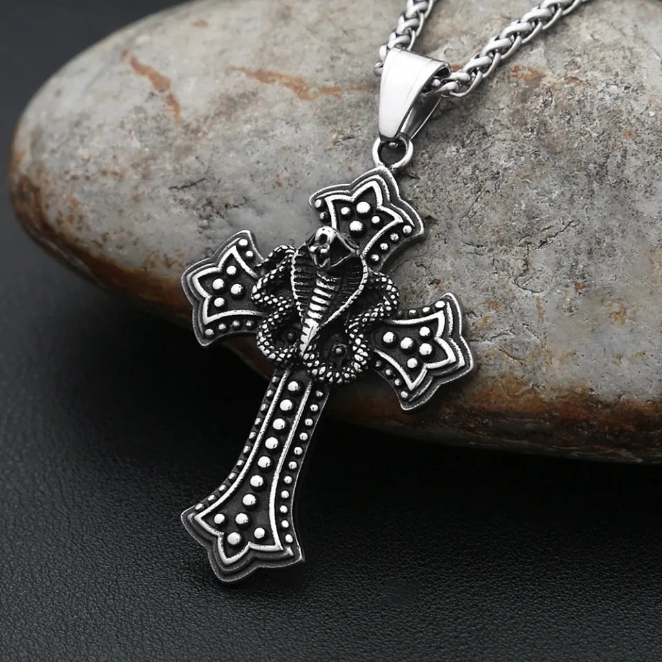 Vintage Stainless Steel Snake Necklaces For Men Women Gothic Hip Hop Cross Pendant Fashion Personality Biker Jewelry
