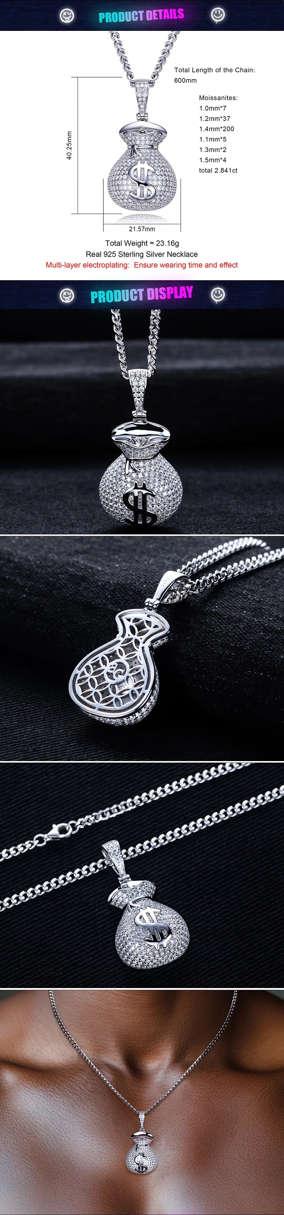 Iced Out Money Bag Pendant — 925 Silver