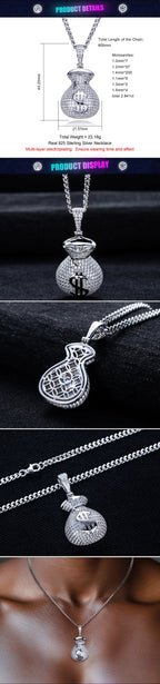 Iced Out Money Bag Pendant — 925 Silver