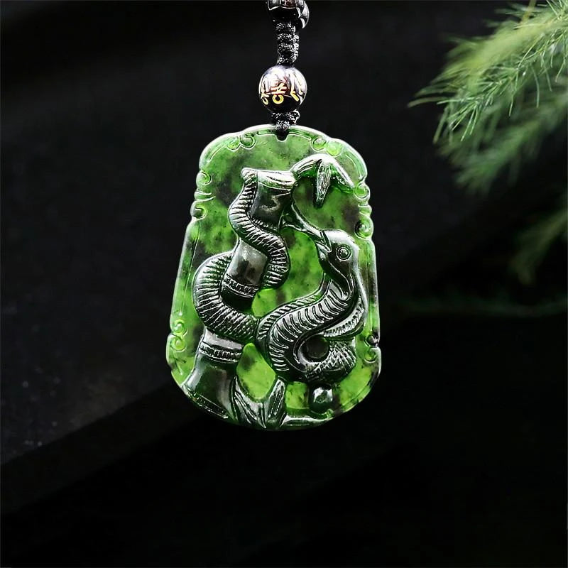 Chinese Jade Snake Obsidian Amulet Pendant Necklace — Black-Tone