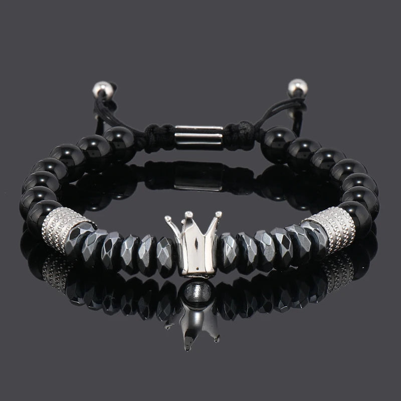 Luxury Black Natural Stone Beads Skull Crown Leopard Head Charms Man Bracelet For Women Hand Jewelry Gift