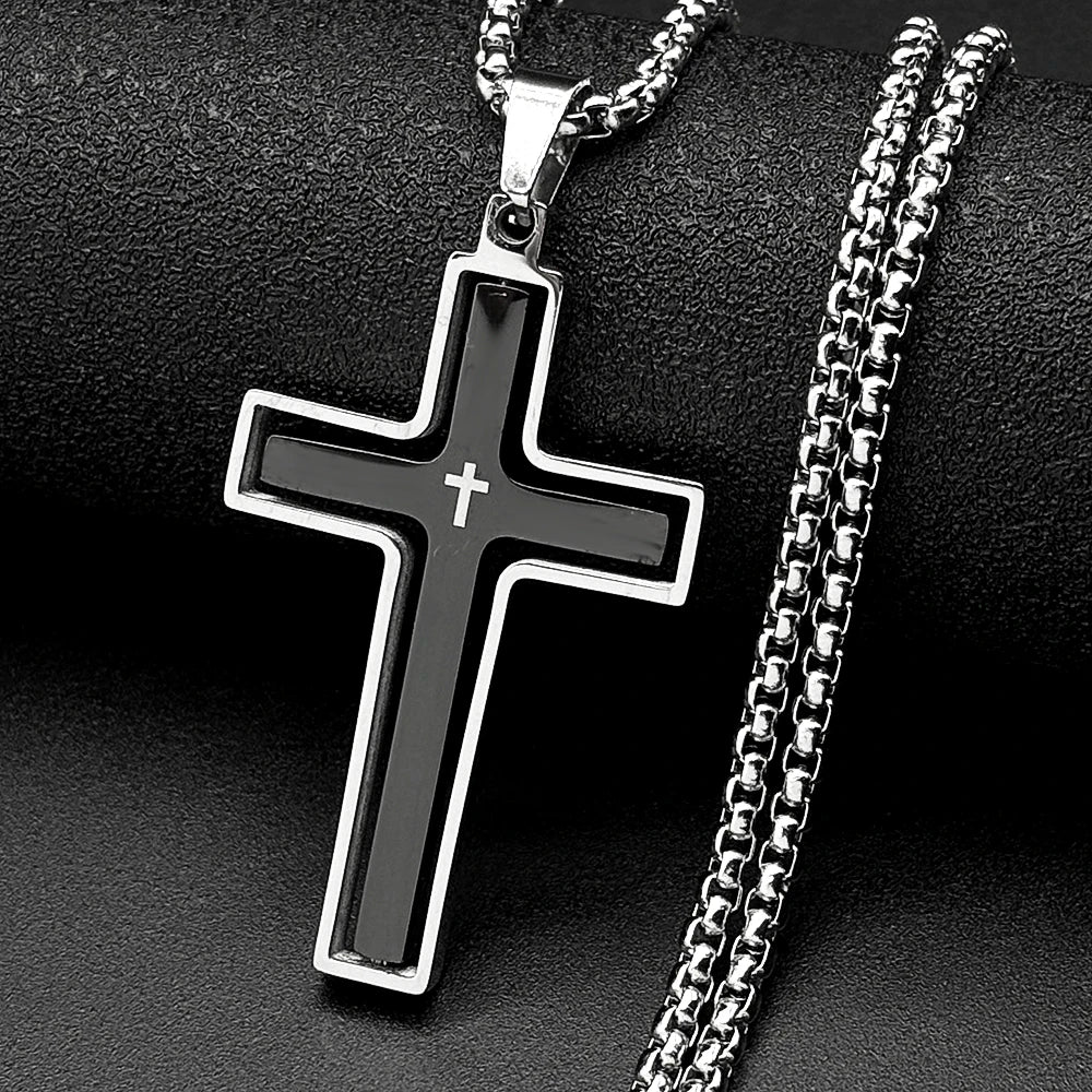 Christian Two-Tone Double Rotatable Cross Stainless Steel Jesus Amulet Pendant Necklace for Women Men Gold Color Chain
