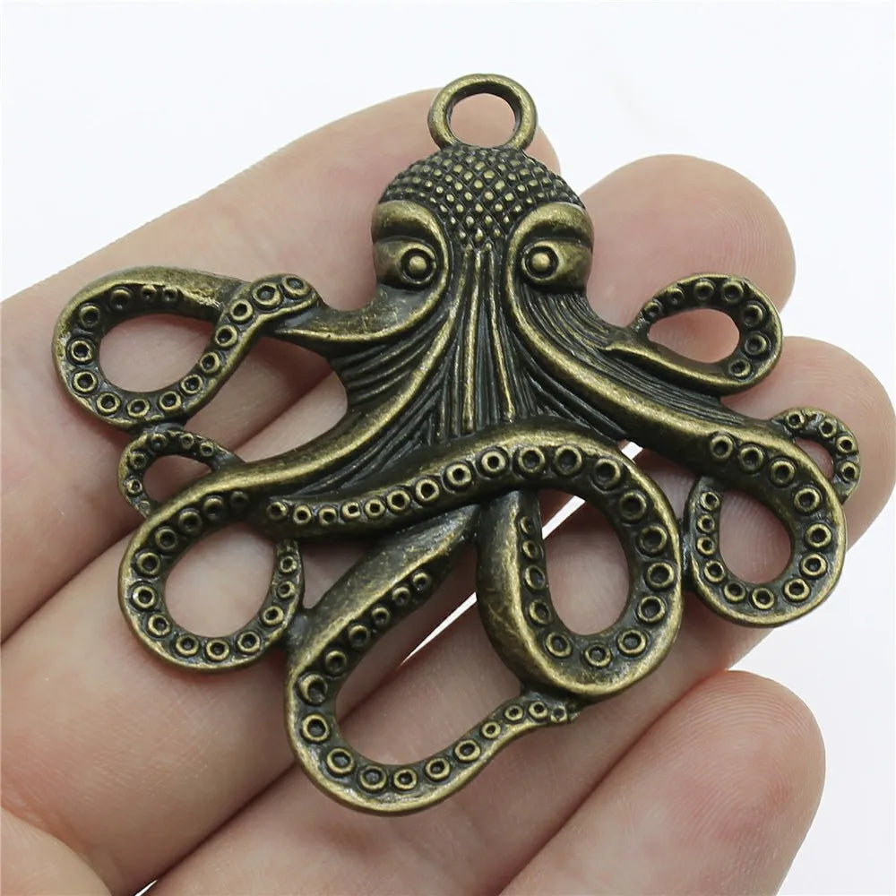 Large Octopus Pendant Charm — Silver-Tone, 59mm