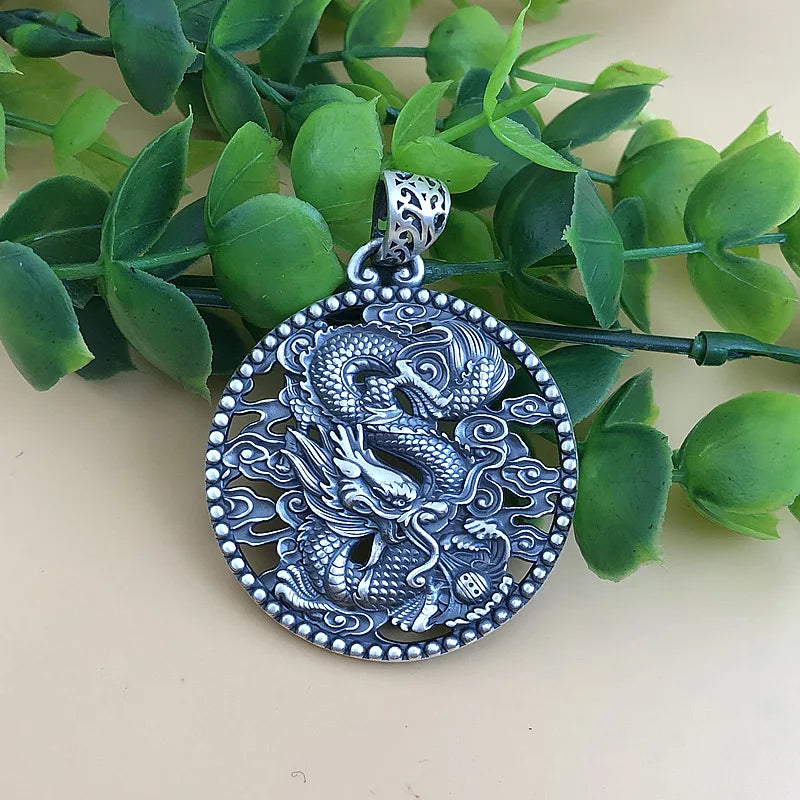Chinese Dragon Medallion Pendant Necklace — Silver-Tone