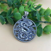 Chinese Dragon Medallion Pendant Necklace — Silver-Tone