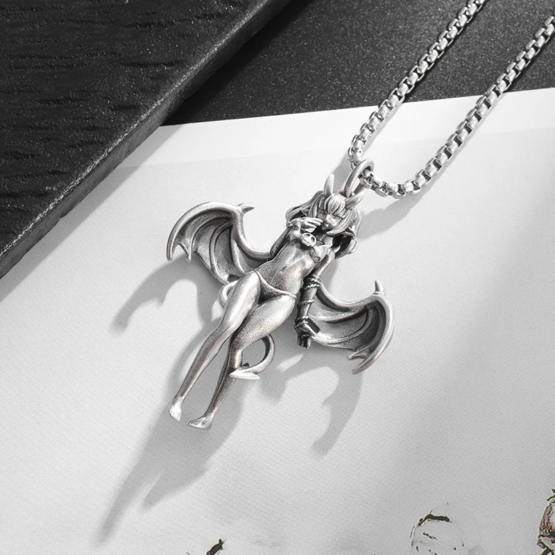 Gothic Punk Sexy Devil Bat Girl Goddess Pendant Necklace for Men and Women Hip Hop Trendy Halloween Cosplay Party