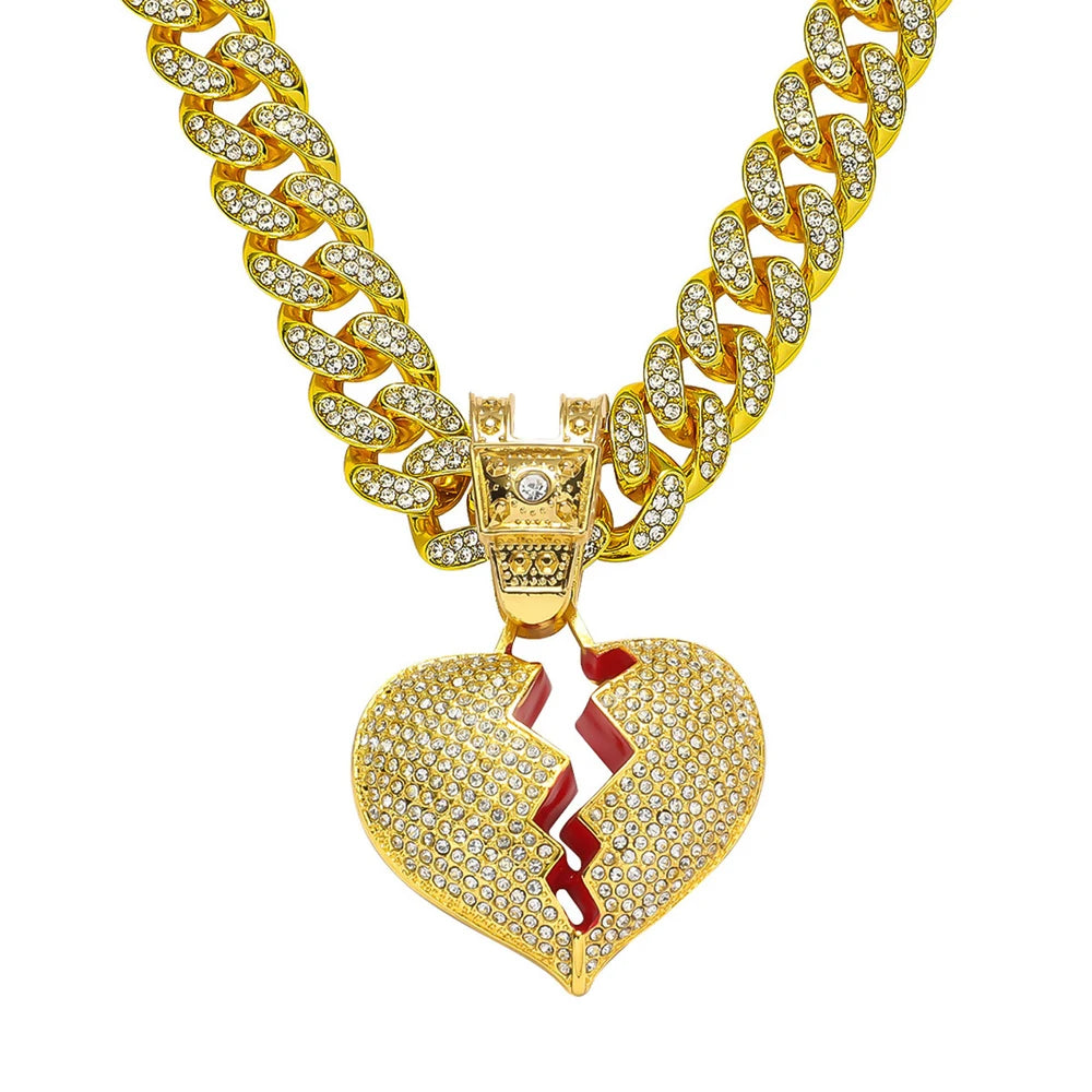 Men Hip Hop Heart Broke Pendant Necklace13mm Miami Cuban Chain HipHop Iced Out Bling Broken Heart Necklace Fashion Charm Jewelry