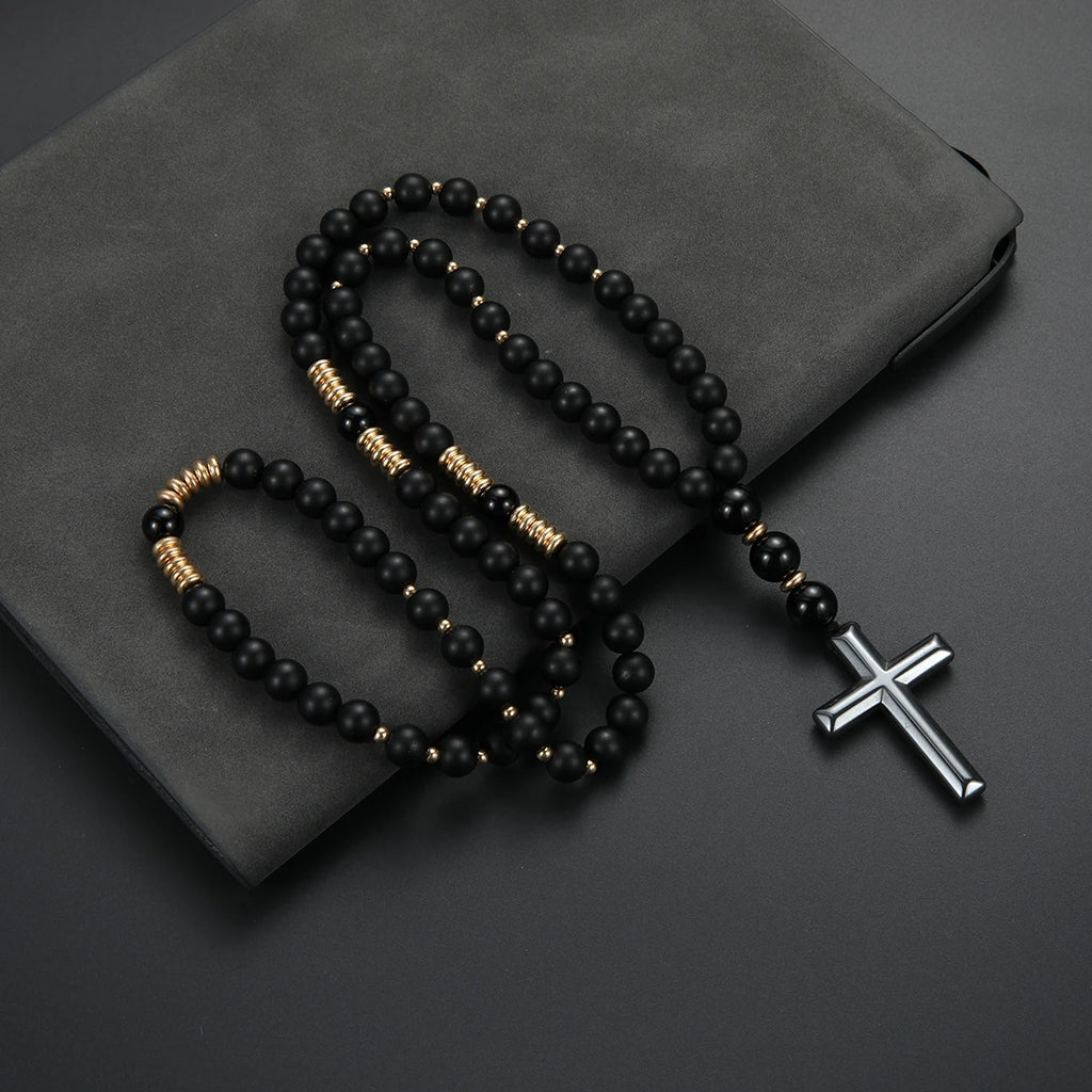 Cool Black Round Beads with Golden Color Spacer Beaded Cross Pendant Necklace for Men and Women