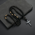 Cool Black Round Beads with Golden Color Spacer Beaded Cross Pendant Necklace for Men and Women