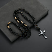 Cool Black Round Beads with Golden Color Spacer Beaded Cross Pendant Necklace for Men and Women