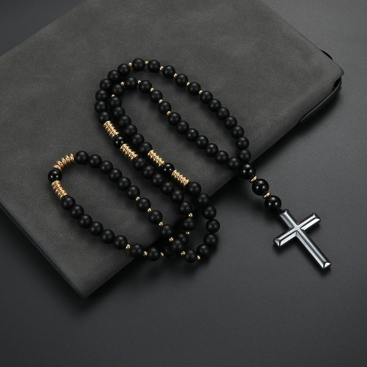 Cool Black Round Beads with Golden Color Spacer Beaded Cross Pendant Necklace for Men and Women