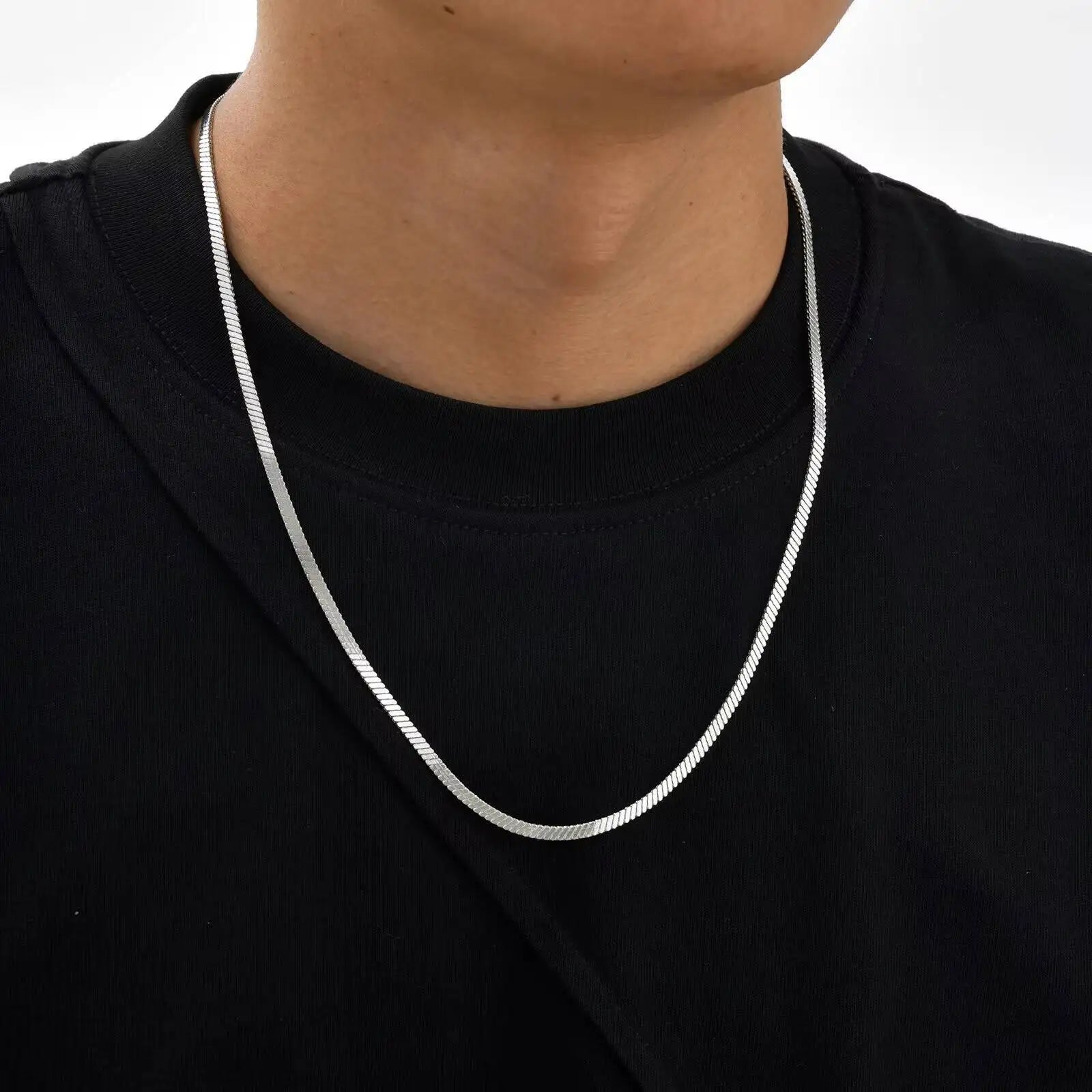 Vnox Width 3mm Flat Snake Silver Color Necklace for Men, Stainless Steel Vintage Blade Chain Collar, Hiphop Casual