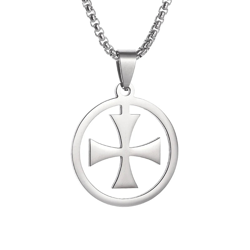 Templar Cross Round Medal Pendant Necklace — Stainless Steel