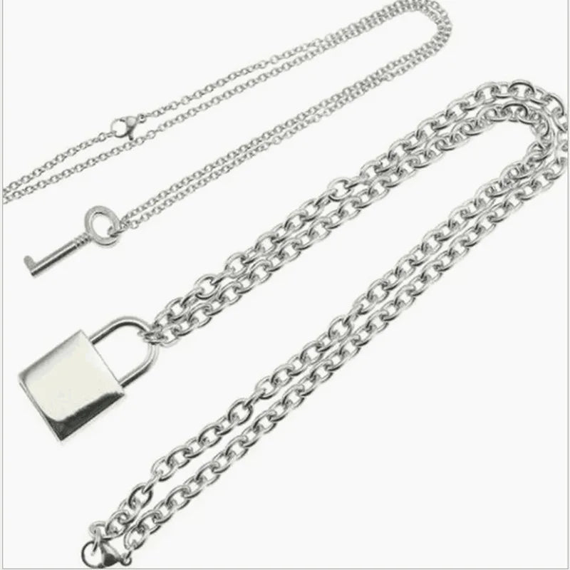 Punk Style Double Layer Padlock Key Necklace Hip Hop Chain Choker Pendant Jewelry Accessory for Women Men Daily Wear