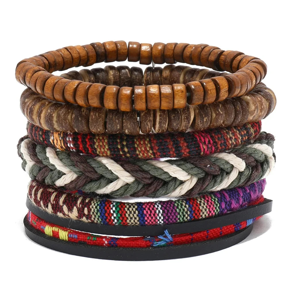 Leaf Pendant Bohemia Leather Bracelets for Men Women Ethnic Braid Rope Hand Woven Bracelet Drawstring Bracelet Beads Jewelry