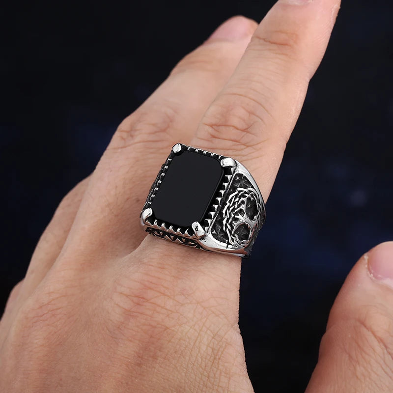 2024 New Men's Punk Rock Black Stone Tree Of Life Ring Gothic Style 316L Stainless Steel Biker Anel Movie Viking
