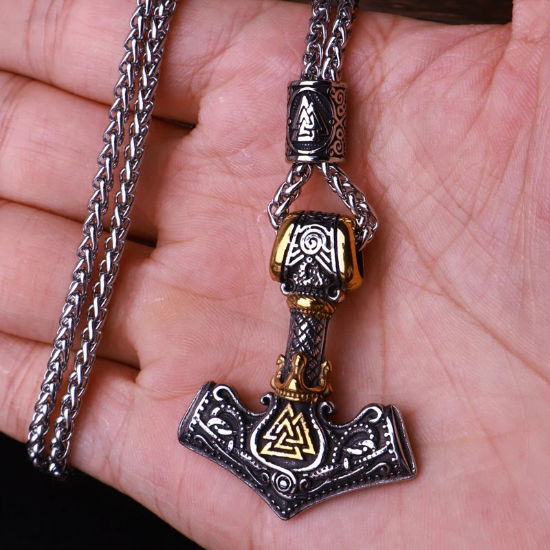 Multi Style Beaded Viking Thor's Hammer Pendant Necklace Stainless Steel Necklace Men Biker Mjolnir Amulet Jewelry