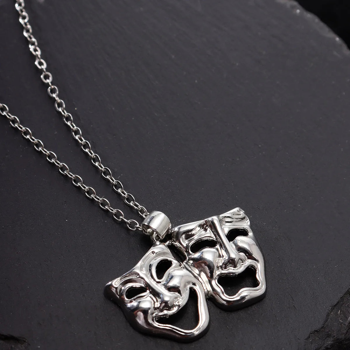 Tragedy Comedy Mask Pendant Necklace — Silver