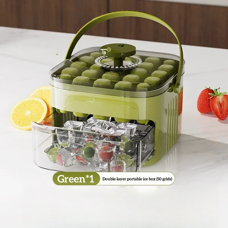 Compact Double Layer Ice Cube Tray with Lid and Bin, Pull-Out Ice Drawer with Portable Handle, Kitchen Accessories