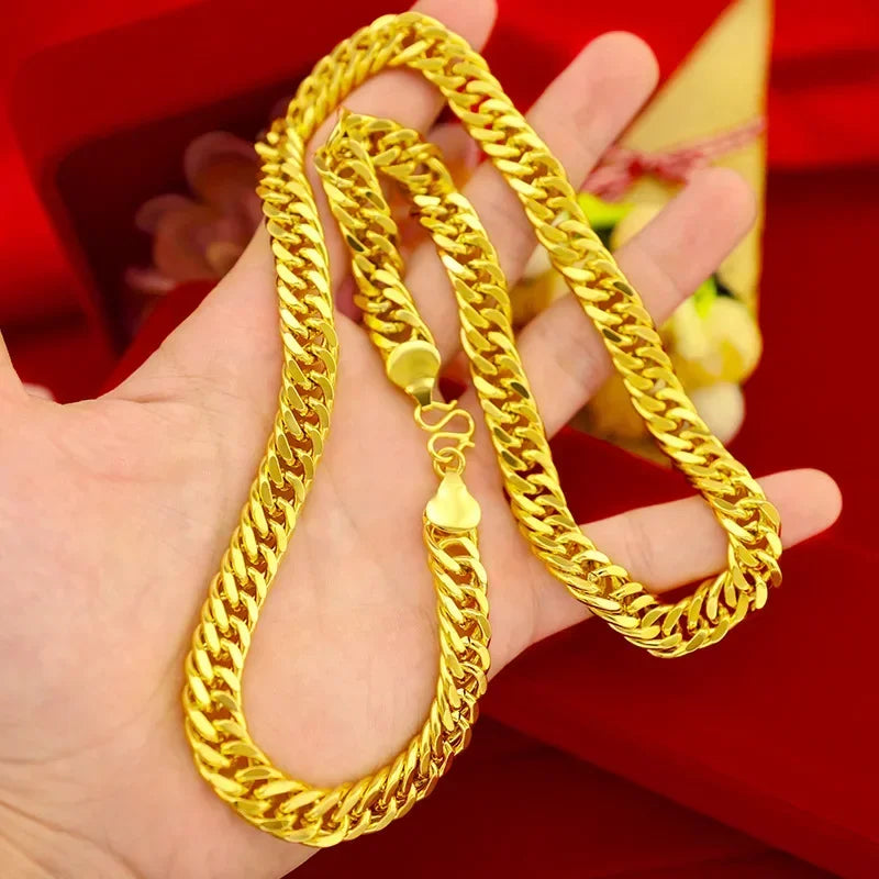 Luxury AU999 24K Real Gold Men's Flat Chain Boss Necklace Simple Generous and Domineering Necklaces for Men