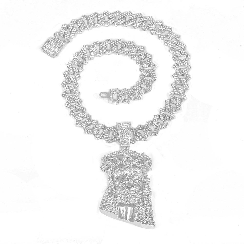 Men Women Hip-hop Punk Jesus Pendant Necklace Stylish Iced Out Full Inlaid Diamonds Cuban Chain+ Large Pendant Jewelry Gift