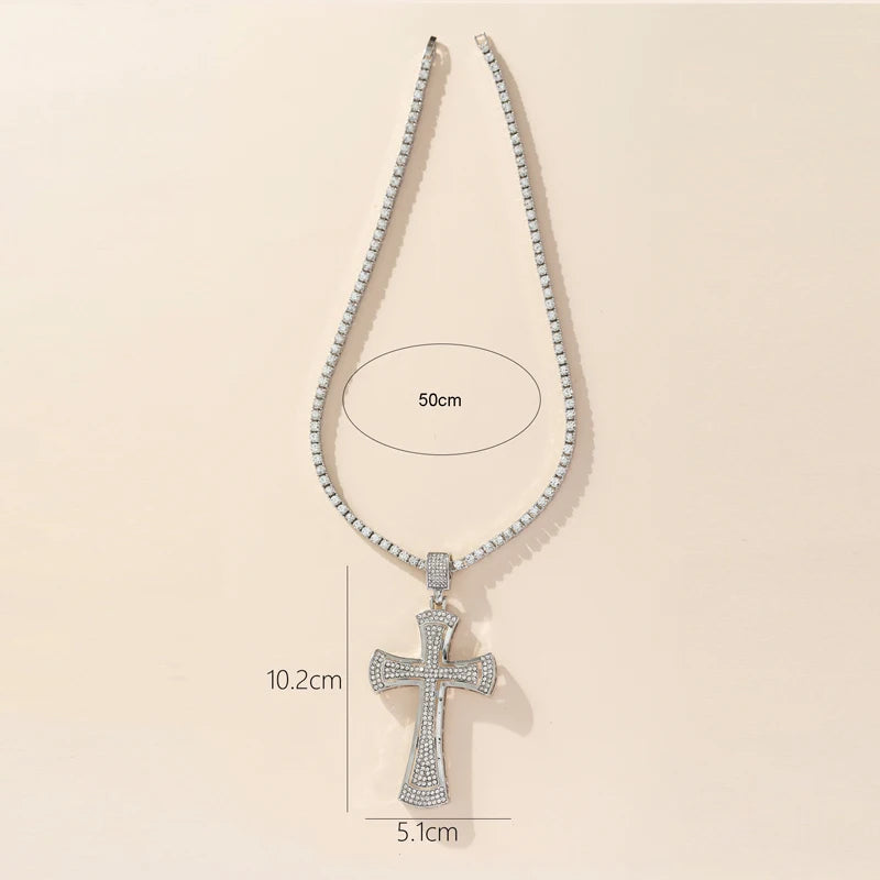 Iced Out Rhinestone Cross Pendant Tennis Necklace — Zinc Alloy