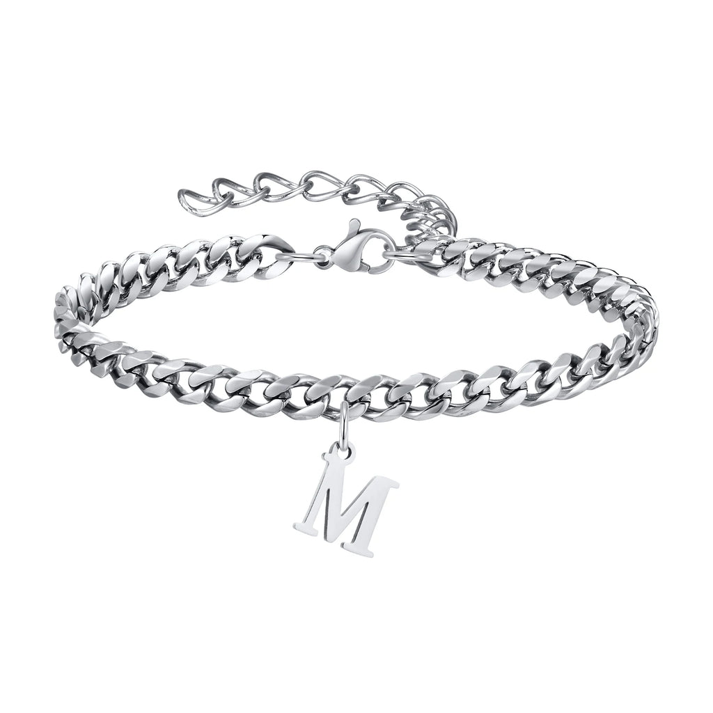 Vnox A-Z Initial Bracelets for Men Women, Never Fade Silver Color Stainless Steel Cuban Chain Bracelet with 26 Letter