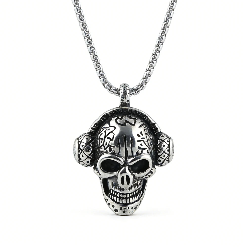 Skull Headphone Pendant Necklace Stainless Steel