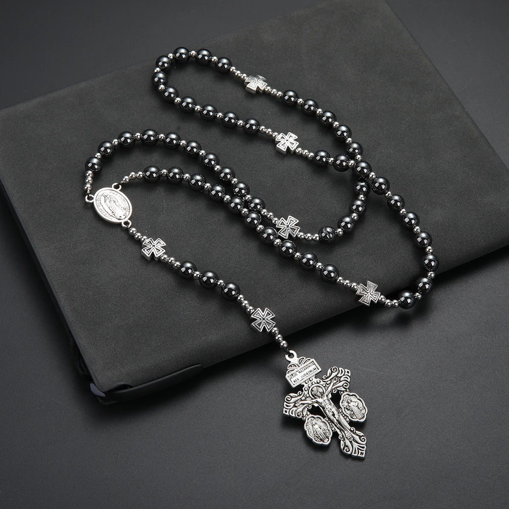 Black Hematite Cross Pendant Necklace — Zinc Alloy