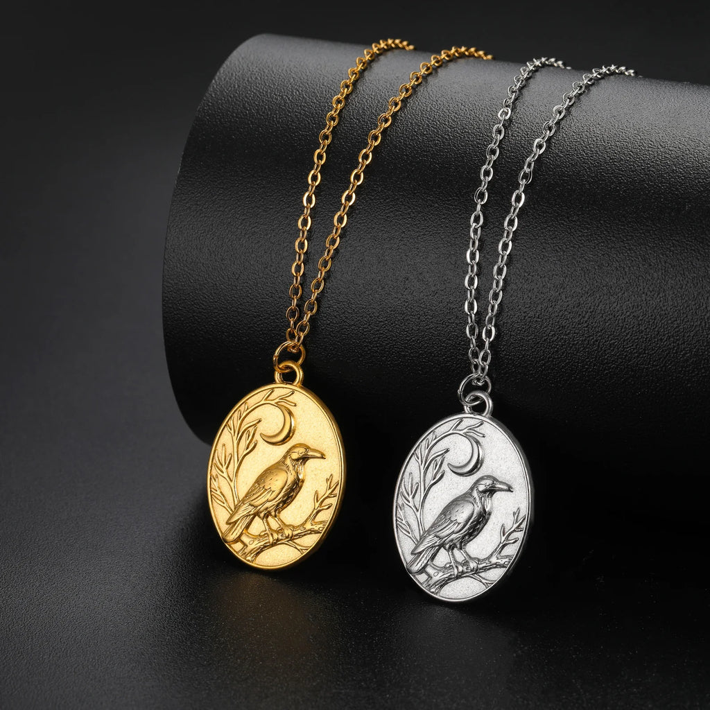 Skyrim Raven Crescent Moon Oval Pendant Necklace Stainless Steel Gothic Witchcraft Amulet Neck Chain for Men Women Jewelry Gift