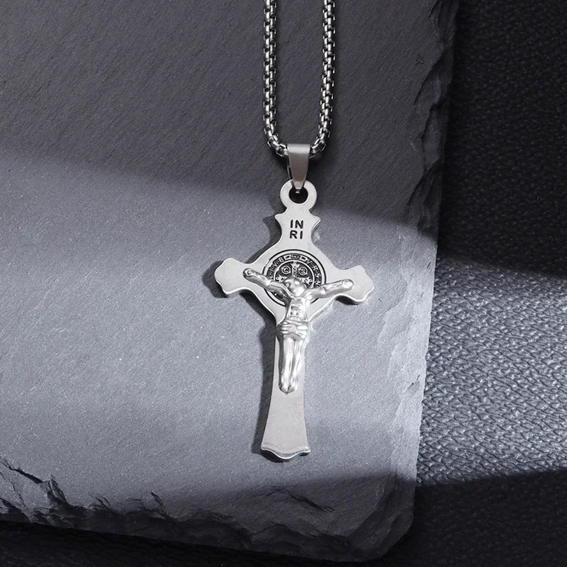 Saint Benedict Medallion Stainless Steel Pendant Zircon San Benito Collares Necklace Amulet Religious Cross Jesus