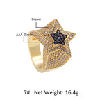 Hip Hop 3A+ CZ Stone Paved Bing Iced Out Five-Pointed Star Rings for Men Women Unisex Rapper Jewelry Gold Silver Color