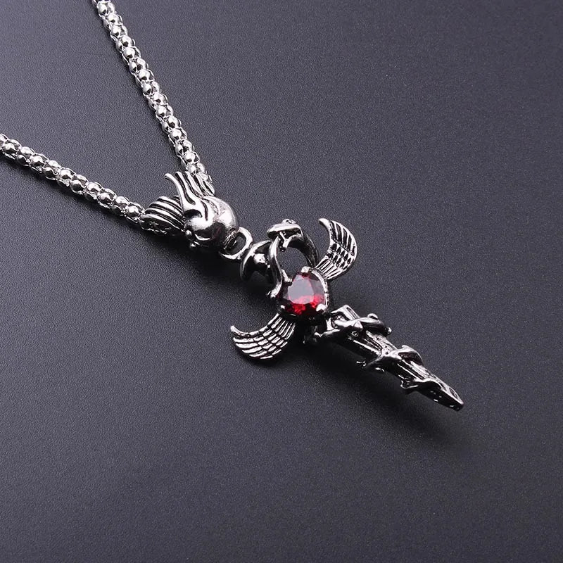 Retro Punk Heart Sword Wings Pendant Necklace — Mixed Metal