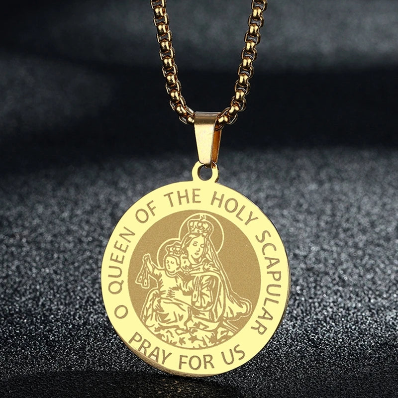 QIMING Dainty Saint George Pendant Necklace For Men Stainless Steel Warrior St. George's Dragon Medallion Mythology
