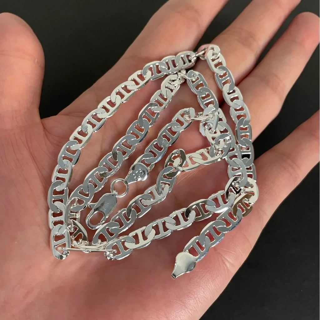 Silver-Tone 6MM Mariner Chain Necklace Bracelet Set