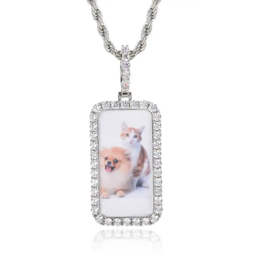 Iced Out Photo Pendant Necklace Rectangle