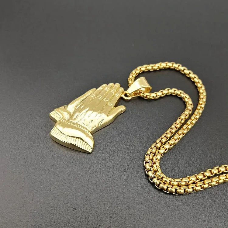 Iced Out Praying Hands Pendant — Gold