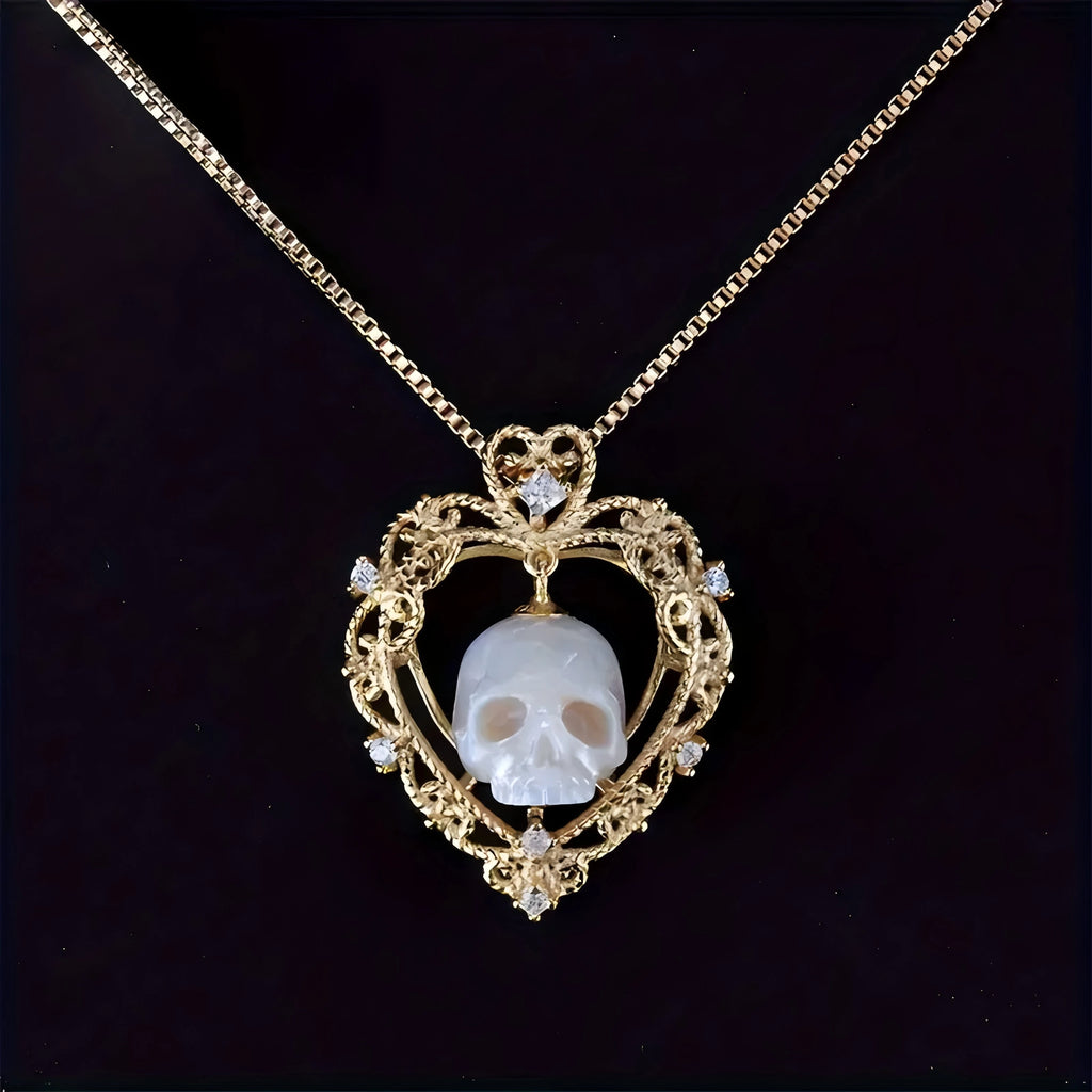 Boho Unisex Copper Skull Pendant Necklace with Faux Pearl Heart and Zirconia Accents, Everyday Wear Vacation Party