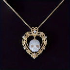 Boho Unisex Copper Skull Pendant Necklace with Faux Pearl Heart and Zirconia Accents, Everyday Wear Vacation Party