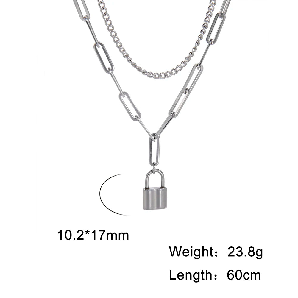 My Shape Fashion 2 Layers Lock Pendant Necklace for Men Punk Stainless Steel Clip Link Chain Necklaces Choker Male Party Jewelry
