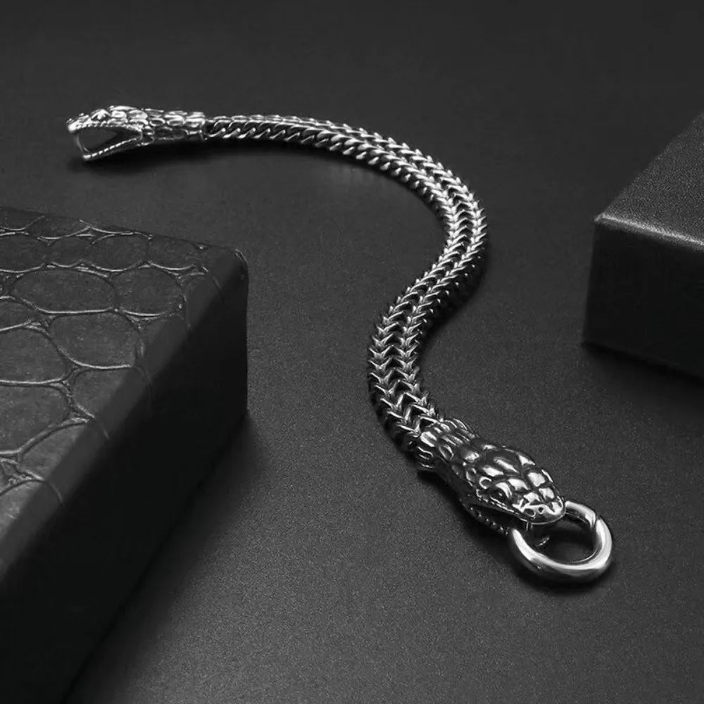 New Trend Personality Weaving Stainless Steel Metal Chain Stereo Engraving Two-headed Snake Bracelet for Men Women
