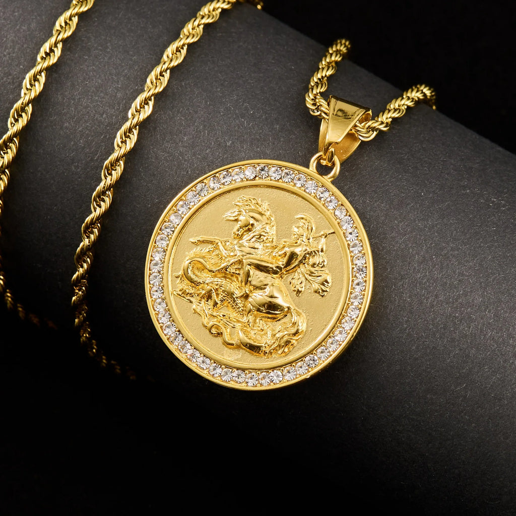 1pc Saint Michael Gold color round pendant with rhinestone For Men Women HIP hop Punk 316L Stainless Steel Knight Jewelry Gifts