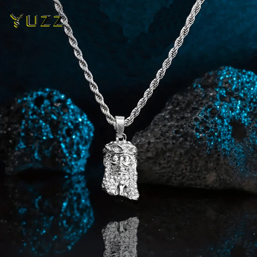 Men Hip Hop Jesus Piece Head Face Pendant Necklace With 4mm Rope Chain Shining Crystal Charm Pendants Jewelry Gift For