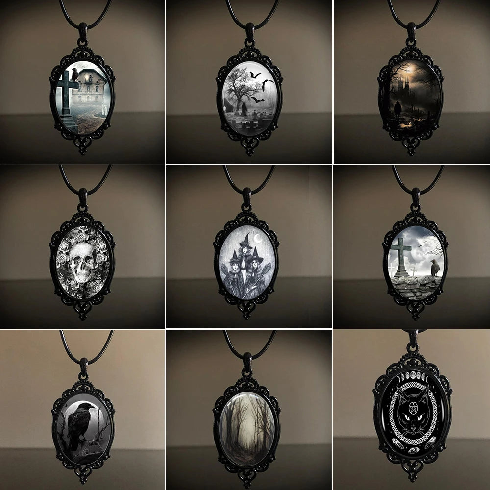 Gothic Crow Black Forest Charm Necklace Fashion Witch Jewelry Gift Pagan Cross Black Cat Skull Glass Pendant Necklace