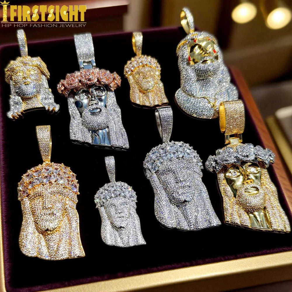 Iced Out Rose Flower Jesus Head Pendant Necklace Two Tone Color CZ Zircon Faith Charm Men Women Hip Hop Fashion Rock