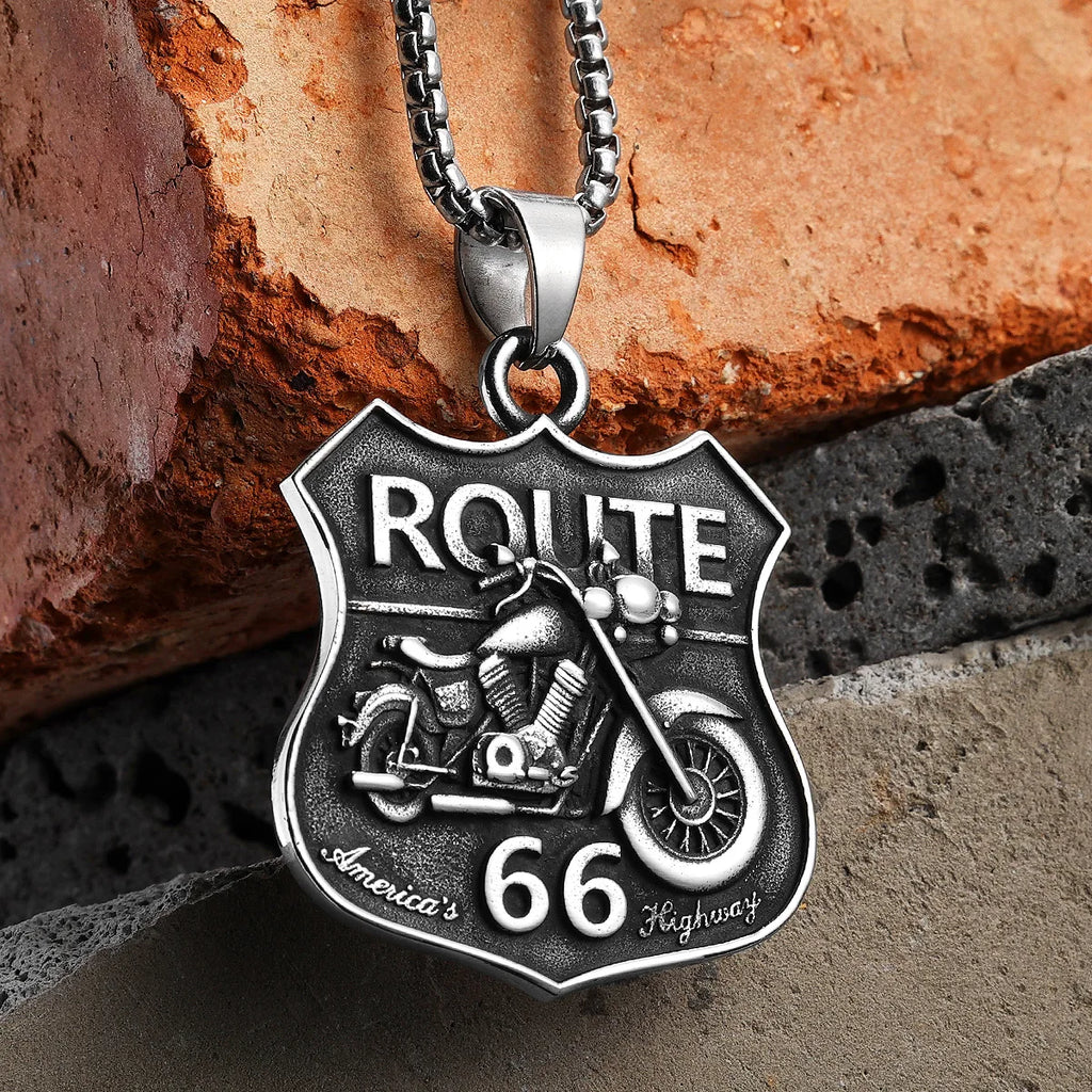Route 66 Biker Pendant — Stainless Steel
