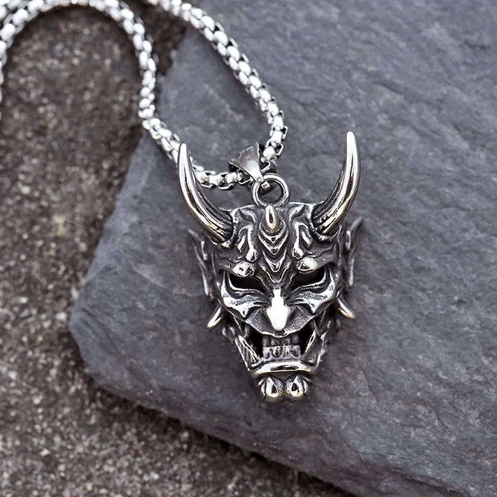 Two Color Golden Horn Demon Warrior Mask Pendant Stainless Steel Long Necklace Retro Punk Accessory For Men Women