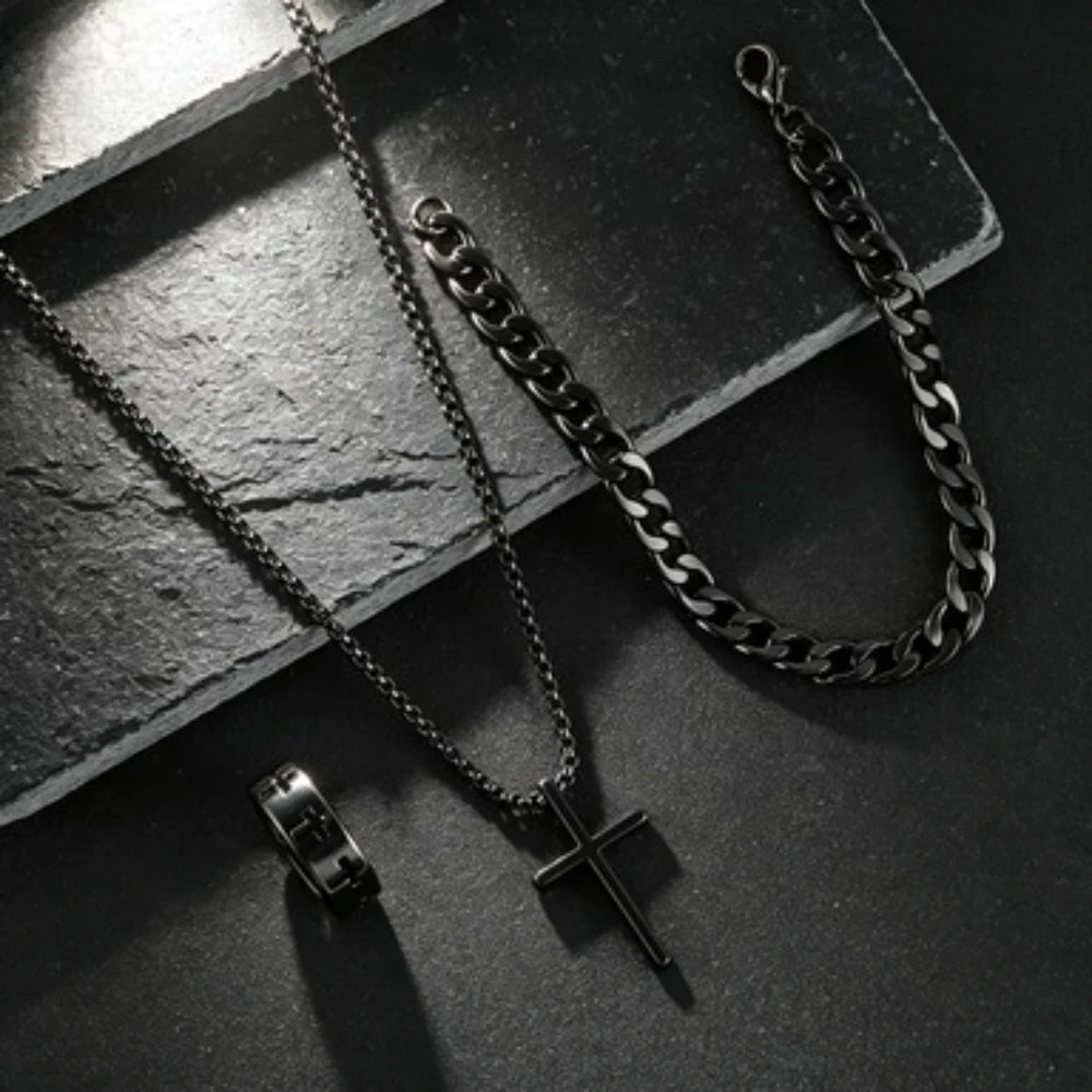 Hip Hop Punk Cross Pendant Necklace Bracelet Chain Ring Men's Set Simple Personality Party Three Piece Jewelry Accessories