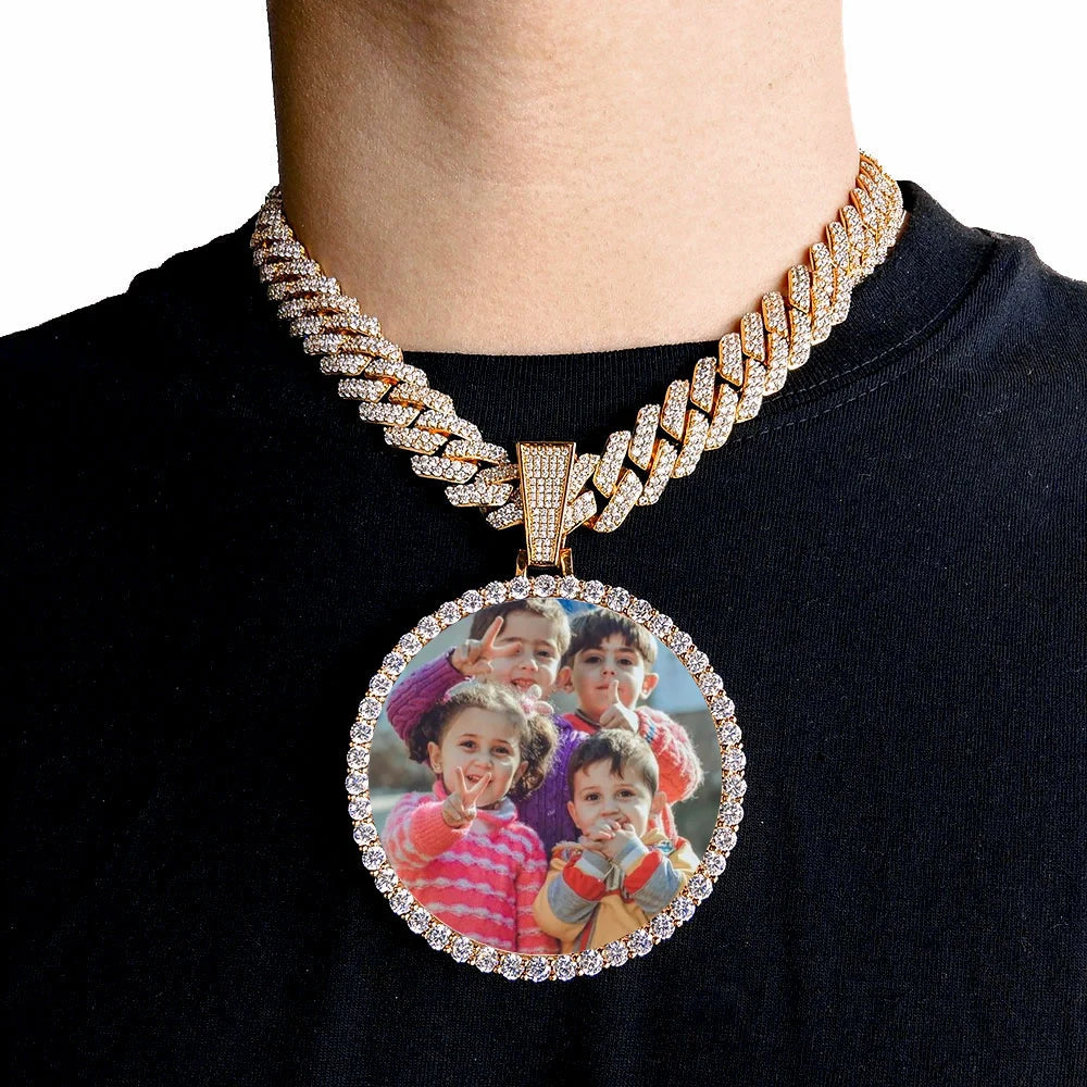 ESKEEM Big Circle Photo Medallions Chain Pendant Iced Out Men Hip Hop Memory Picture Pendant Jewelry Christmas Gift